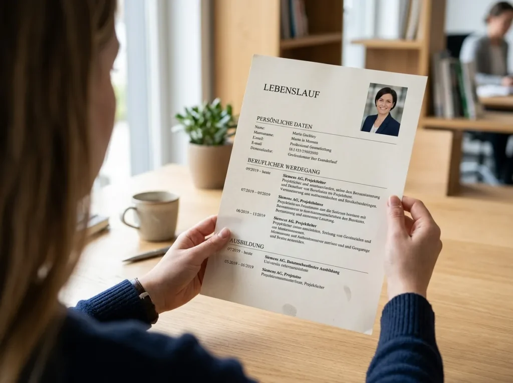Lebenslauf mit professionellem Bewerbungsfoto oben rechts auf einem Schreibtisch