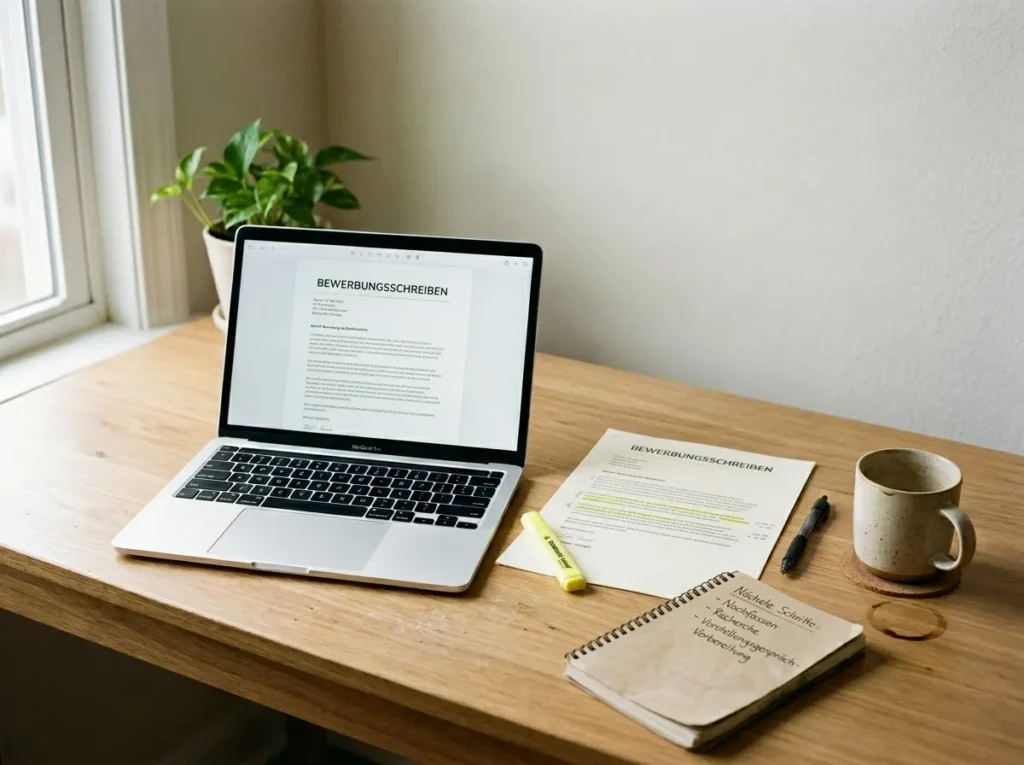 Schreibtisch mit Laptop, Anschreiben und Notizblock zur Vorbereitung der Gehaltsvorstellung