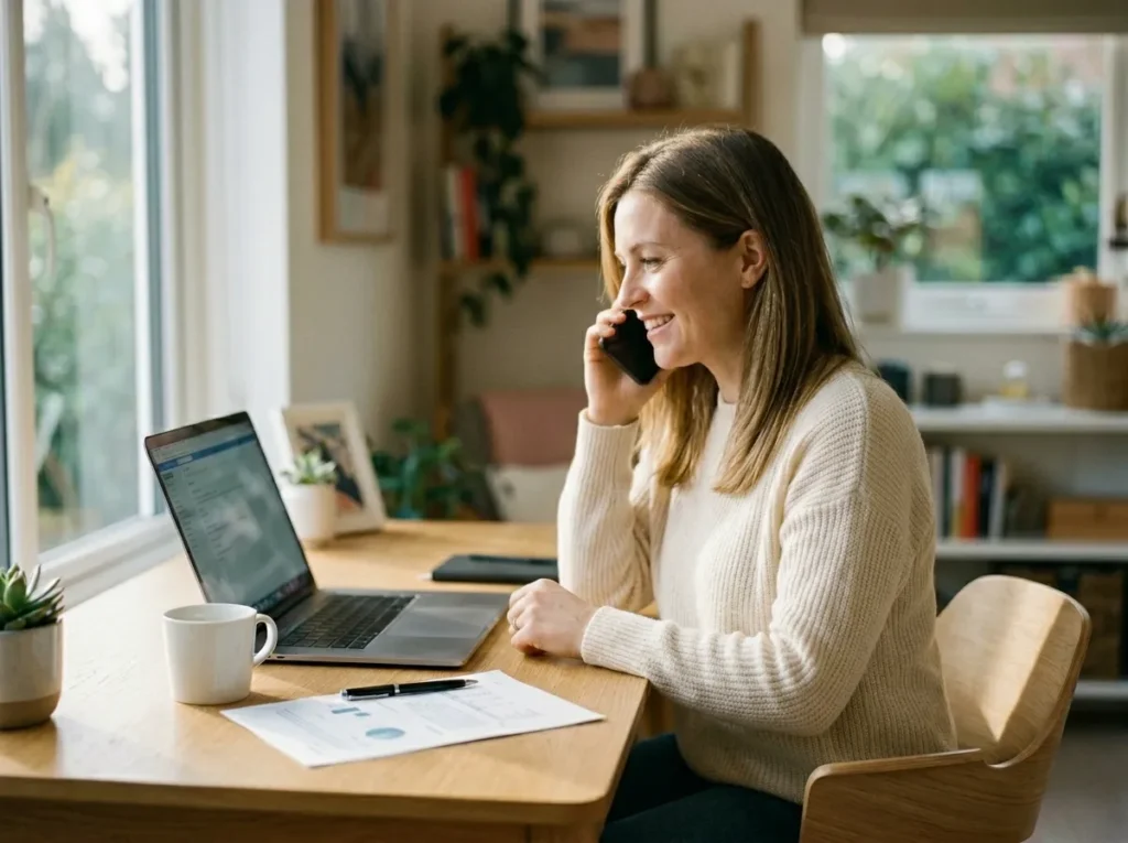 Frau telefoniert am Schreibtisch und bereitet eine Initiativbewerbung am Laptop vor