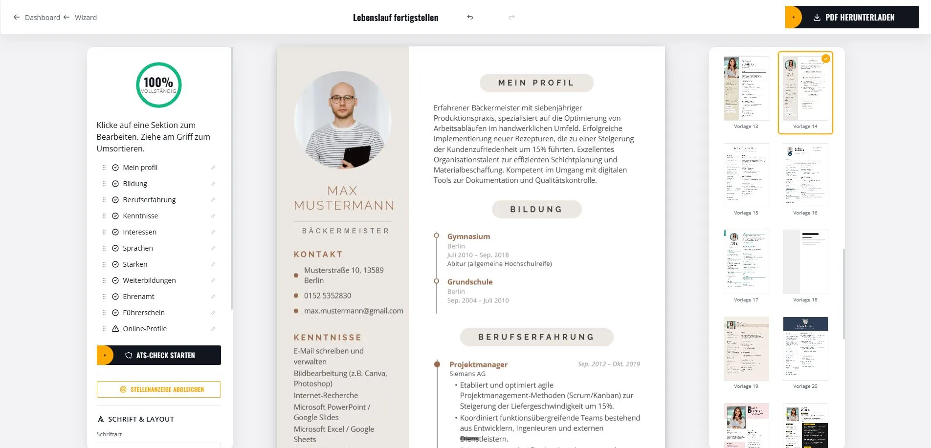 Lebenslauf-Editor von lebenslauf-easy.de — links das Eingabeformular, rechts die Live-Vorschau des fertigen Lebenslaufs