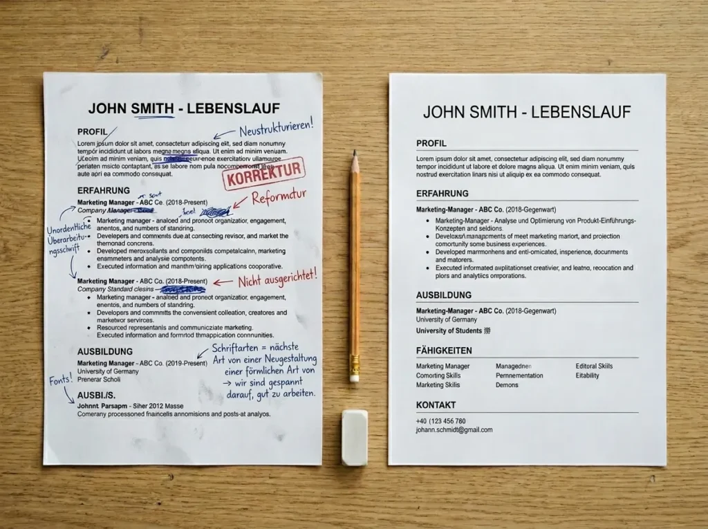 Recruiter prüft konzentriert einen ausgedruckten Lebenslauf und sucht nach Fehlern