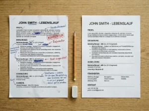 Recruiter prüft konzentriert einen ausgedruckten Lebenslauf und sucht nach Fehlern