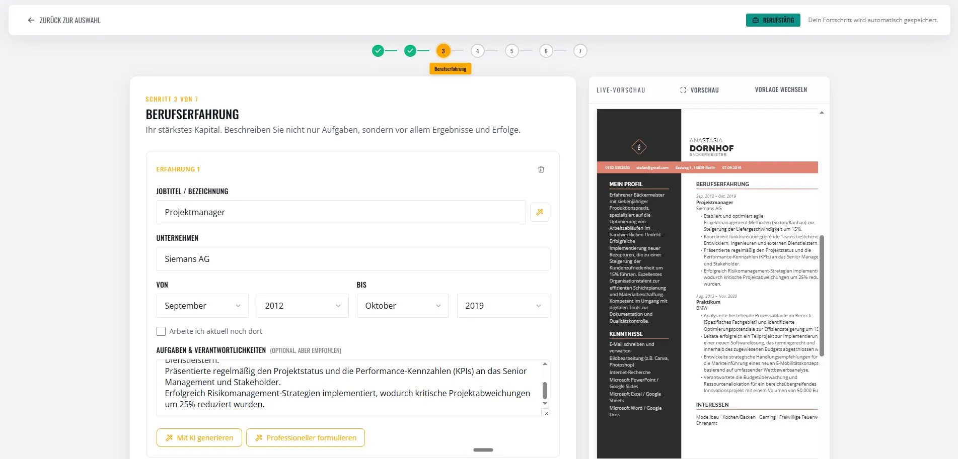 Lebenslauf online erstellen — Editor mit Live-Vorschau