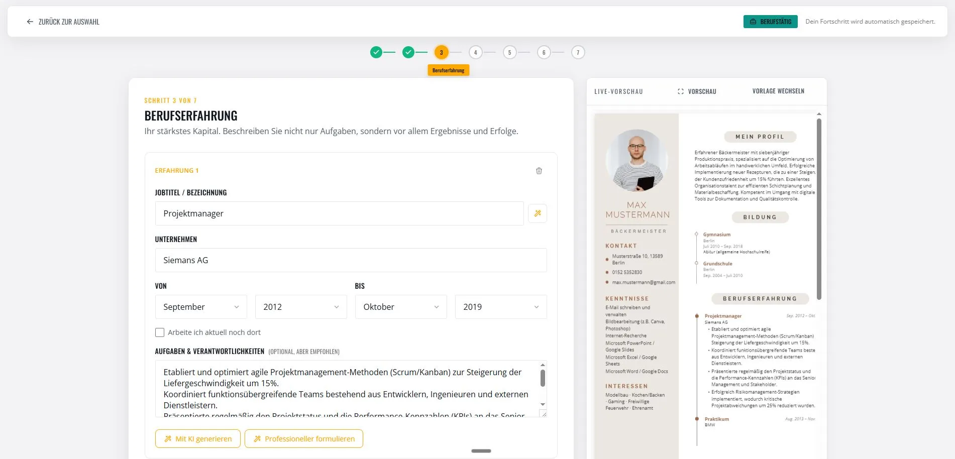 Geführter Lebenslauf-Assistent von lebenslauf-easy.de mit Eingabeschritten und KI-Formulierungshilfe