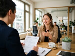 Bewerberin im Vorstellungsgespräch beantwortet souverän die Frage nach Stärken und Schwächen